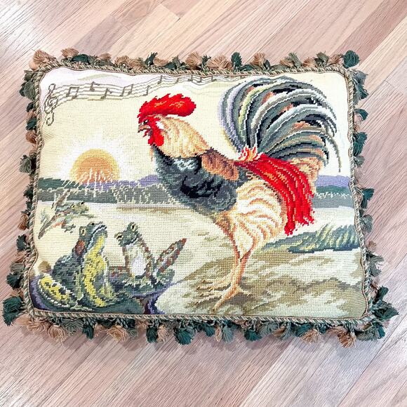 LARGE 22x18 Vintage French Country Rooster Frog Needlepoint Pillow Tassel Fringe